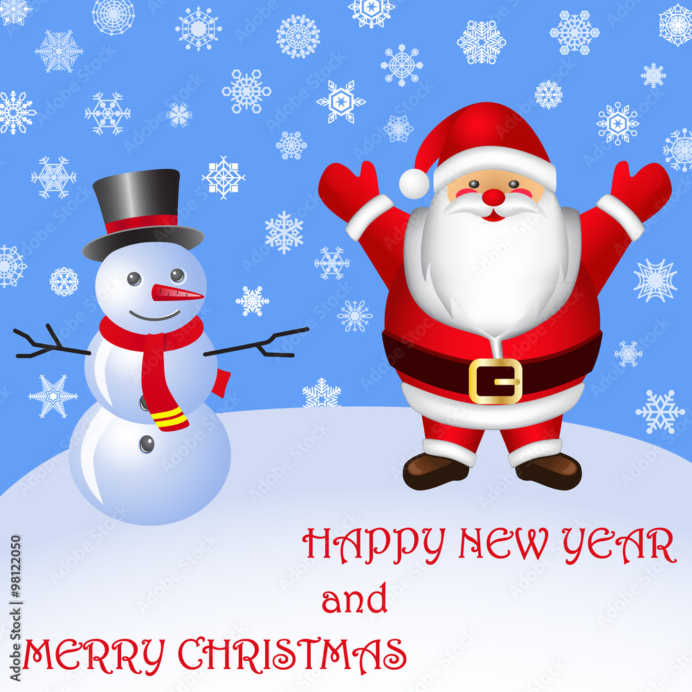 Post card. Santa Claus and snowman. Set of snowflakes. Vector il Post card. Santa Claus and snowman. Set of snowflakes. Vector il