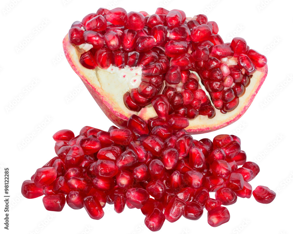 Cut the pomegranate with scattered grain isolated Cut the pomegranate with scattered grain isolated