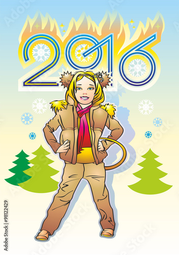 Fire Monkey 2016  девочка в наушниках с хвостом на фоне елок и горящей даты 2016