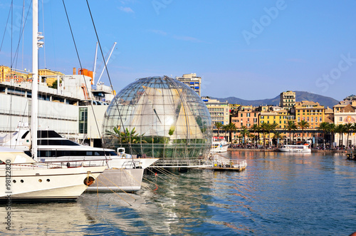  the bubble (biosphere) by Renzo Piano, is located by the sea, to the side of the Aquarium of Genoa  photo