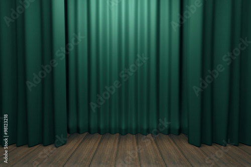 Stage with green scenes and wooden floor