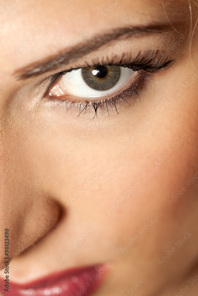 Obraz premium closeup of made-up female eye with artificial eyelashes