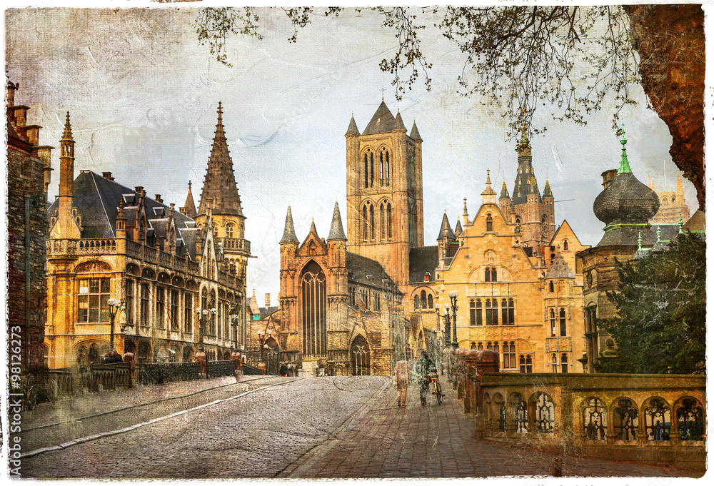 medieval gothic Ghent. Belgium. retro style picture