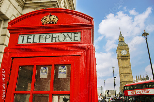 Big Ben  bus and red telephone cabin in London - United Kingdom