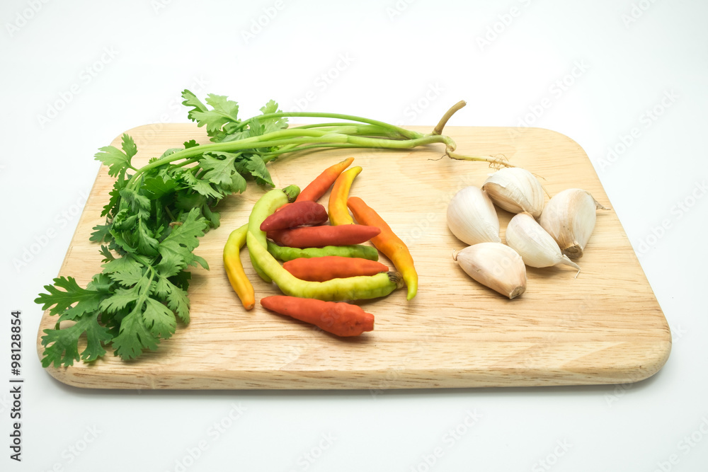parsley and garlic and chilli on the wood tray parsley and garlic and chilli on the wood tray