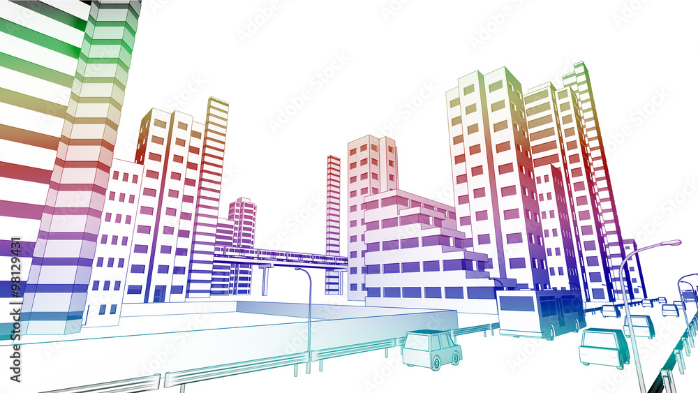 カラフルな線画のオフィスビル街と車道の風景 Stock Illustration Adobe Stock