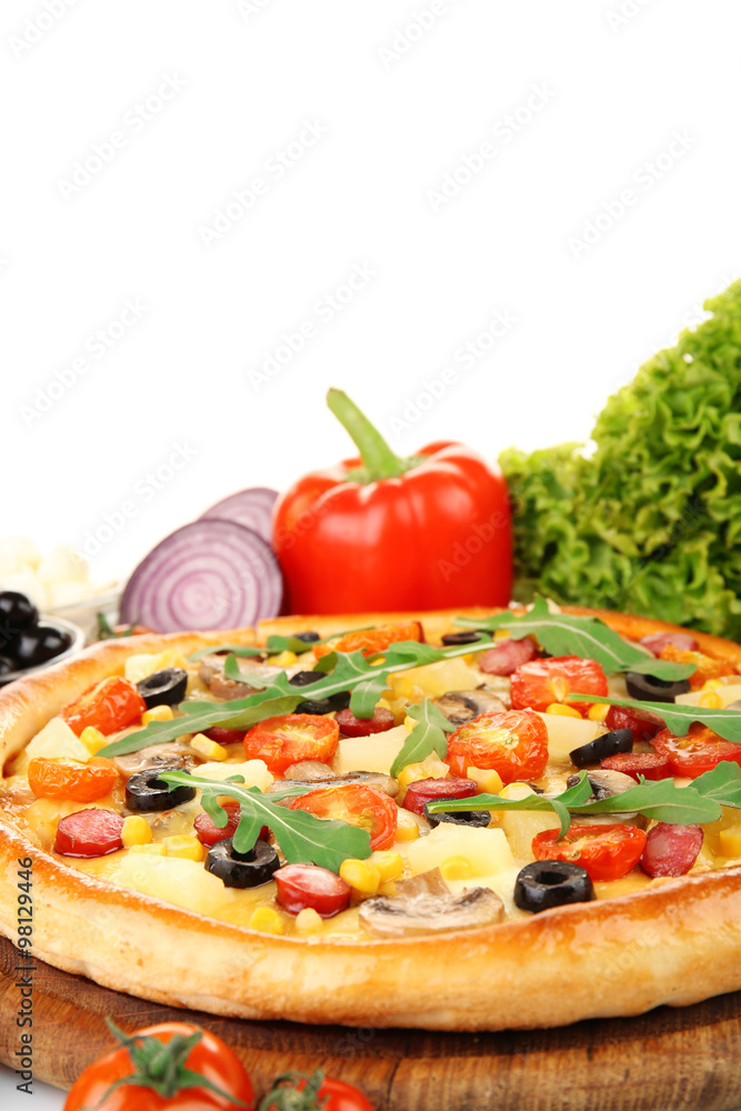 Delicious pizza with vegetables, isolated on white Delicious pizza with vegetables, isolated on white