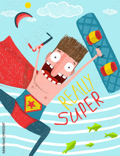 Kitesurfing caricature superman cartoon card design