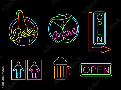 Neon light sign set icon retro bar beer open label