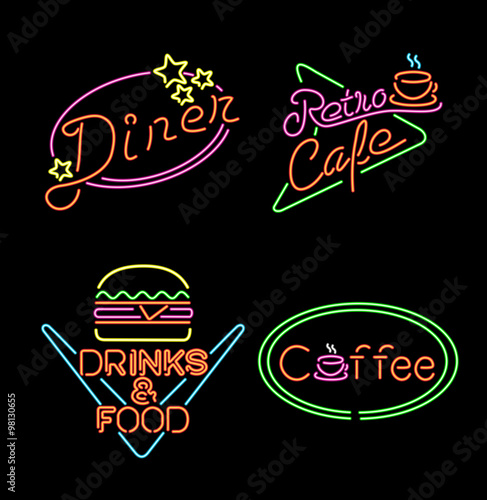 Retro neon light sign set food coffee drink