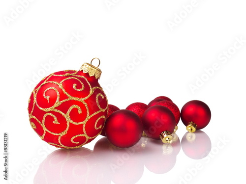 red christmas balls, isolated on white background, shallow depth of field
