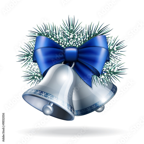 Silver bells with blue ribbon. 
