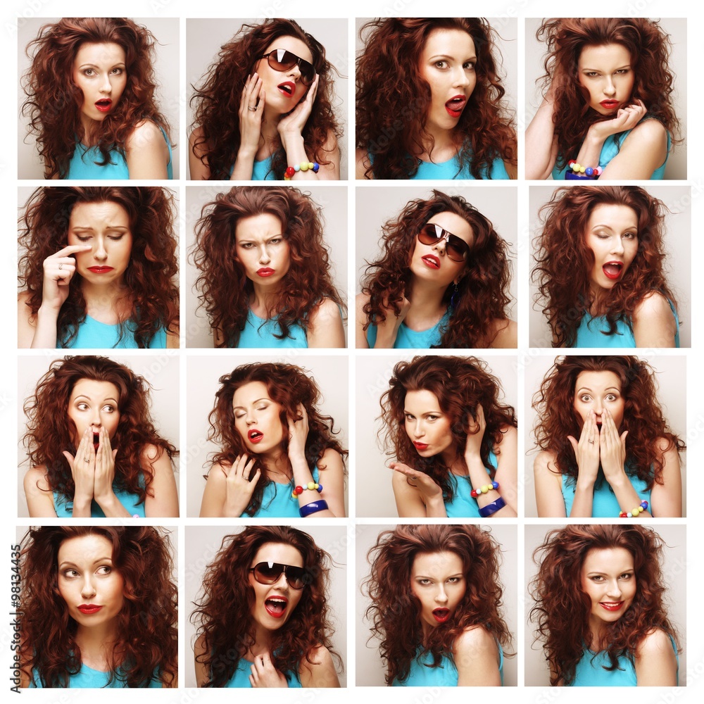 Collage of the same woman making diferent expressions Collage of the same woman making diferent expressions
