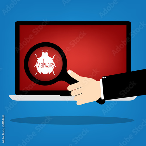 Human hand hold a magnifying glass find malware bug computer vir