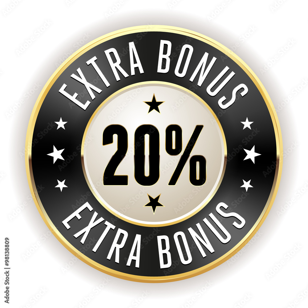 Black 20% extra bonus button with gold border