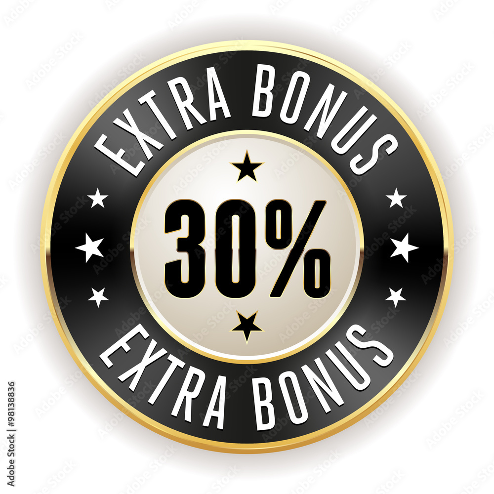 Black 30% extra bonus button with gold border