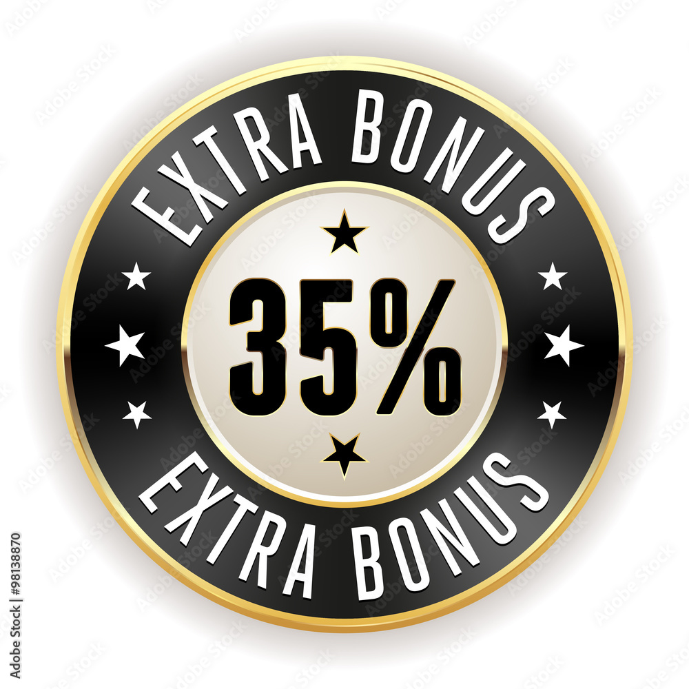 Black 35% extra bonus button with gold border