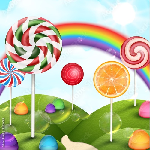 Candy garden background with rainbow