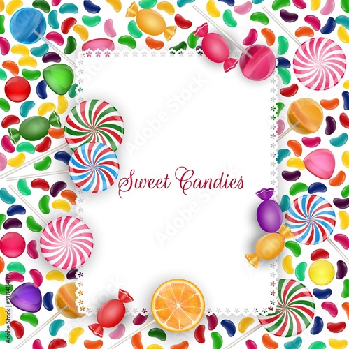 Colorful candy  background with jelly beans, lolipop and orange slice