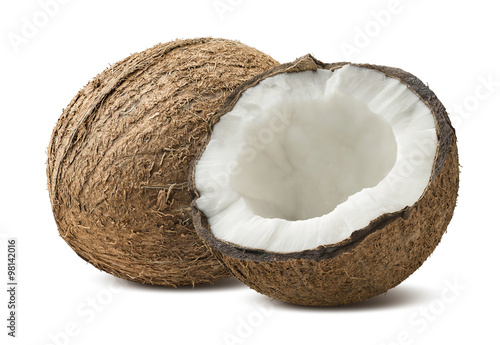 Rough coconut whole half pieces isolated on white background