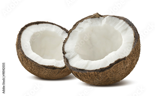 Rough coconut broken half pieces isolated on white background