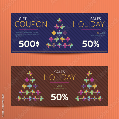 Gift voucher with abstract Christmas tree. Set of vector templates for winter sales season, coupon or discount card.