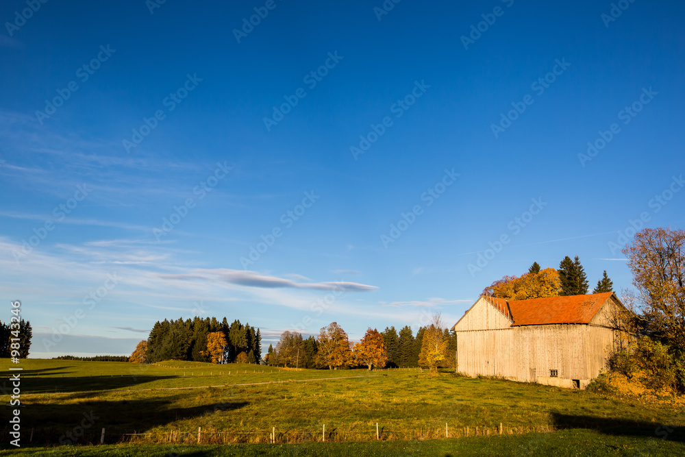 A Hut and Farm with Blue Sky Near Wieskirche - Steingaden, Germa