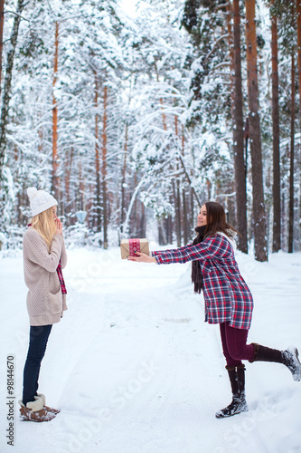 girl gives her friend a Christmas gift in the winter snowy forest