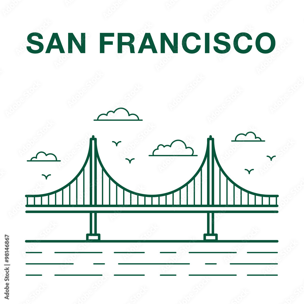 San Francisco Golden Gate Bridge Line Art Illustration Stock Vector