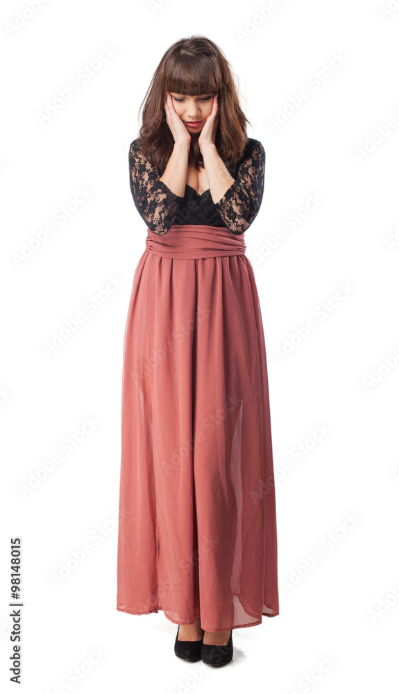 sad young woman full body standing