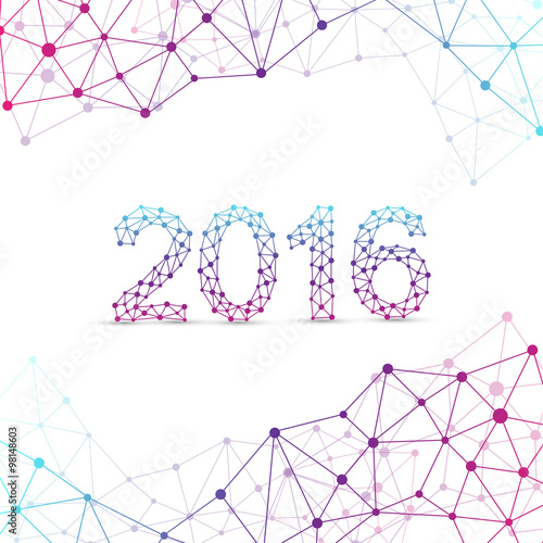 Text design Happy new year 2016. Graphic background molecule and communication. Connected lines with dots