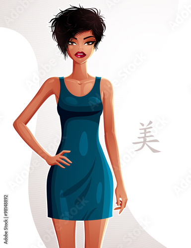 Sexy coquette tanned woman holding her hand on a waist, full bod