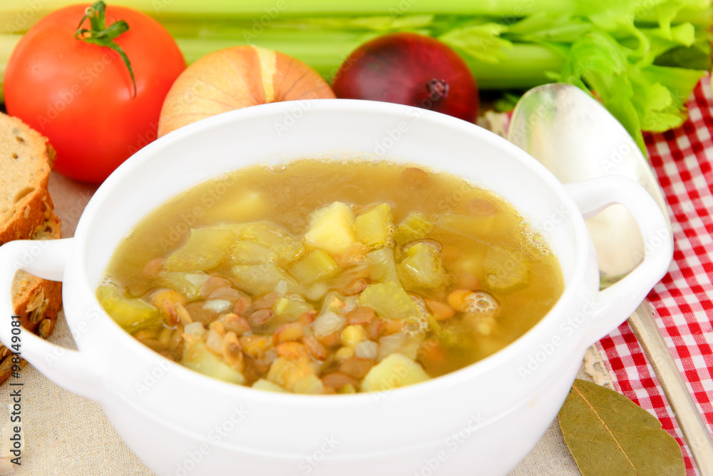 Healthy and Diet Food: Soup with Lentils and Sausage. Healthy and Diet Food: Soup with Lentils and Sausage.