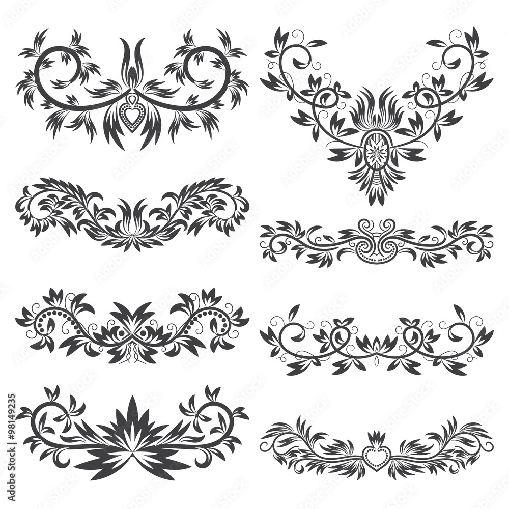 Design ornamental elements set. Floral tattoo in vintage style.