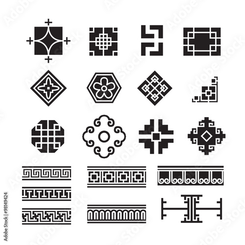 Asian ornament icon, korean, chinese, japanese vector set