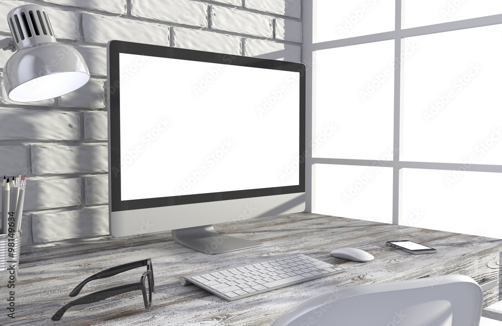 Fototapeta premium 3D illustration PC screen on table in office, Workspace