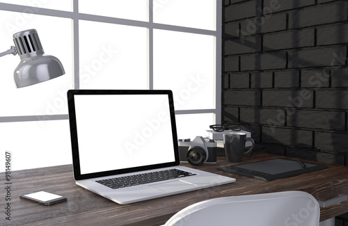 3D illustration laptop and work stuff on table near brick wall  Workspace