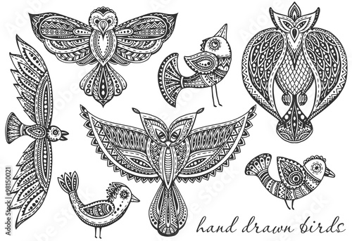 Set of hand drawn fancy birds in ethnic ornate doodle style
