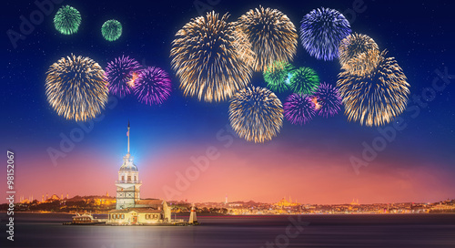 Beautiful fireworks near Maiden Tower or Kiz Kulesi Istanbul