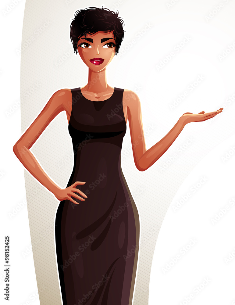 Attractive dark skin standing girl showing at empty copy space w Attractive dark skin standing girl showing at empty copy space w