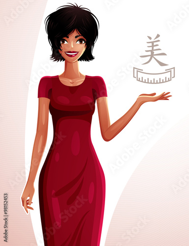 Attractive tanned standing girl showing at empty copy space