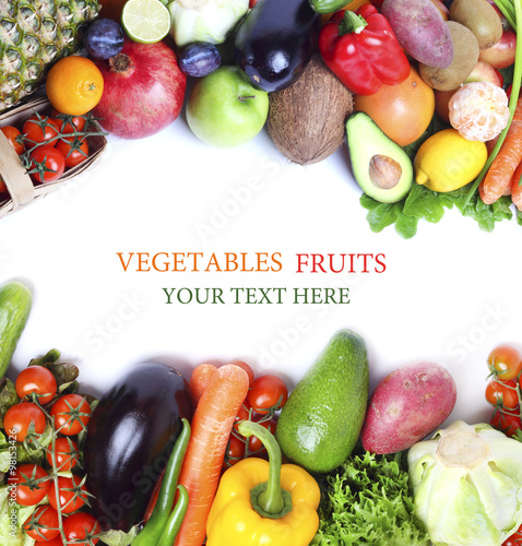 Fresh vegetables fruits isolated white background
