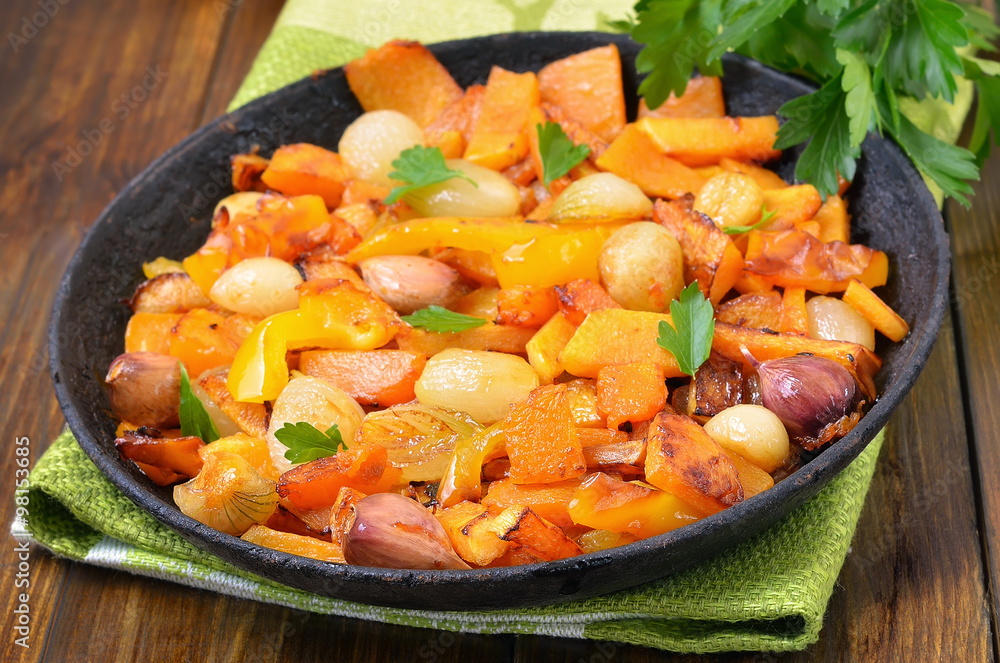 Stewed vegetables in frying pan Stewed vegetables in frying pan