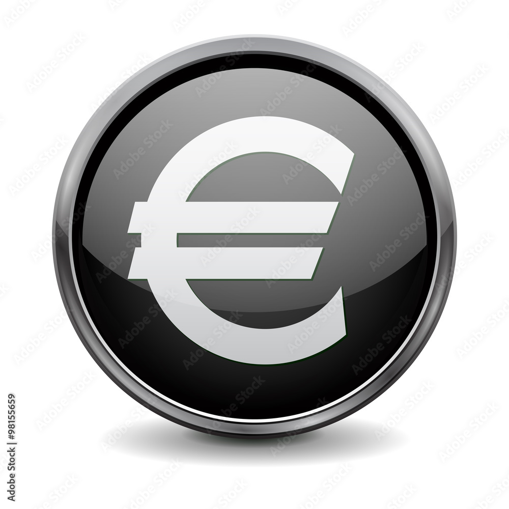 Buttons. Black shiny glass round button with metal frame. Money euro icon. Buttons. Black shiny glass round button with metal frame. Money euro icon.