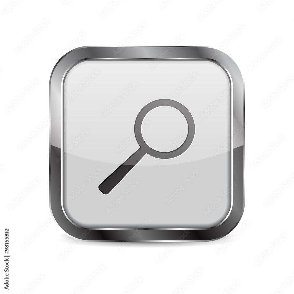 Square Button. Shiny glass button with metal frame. Search icon. 