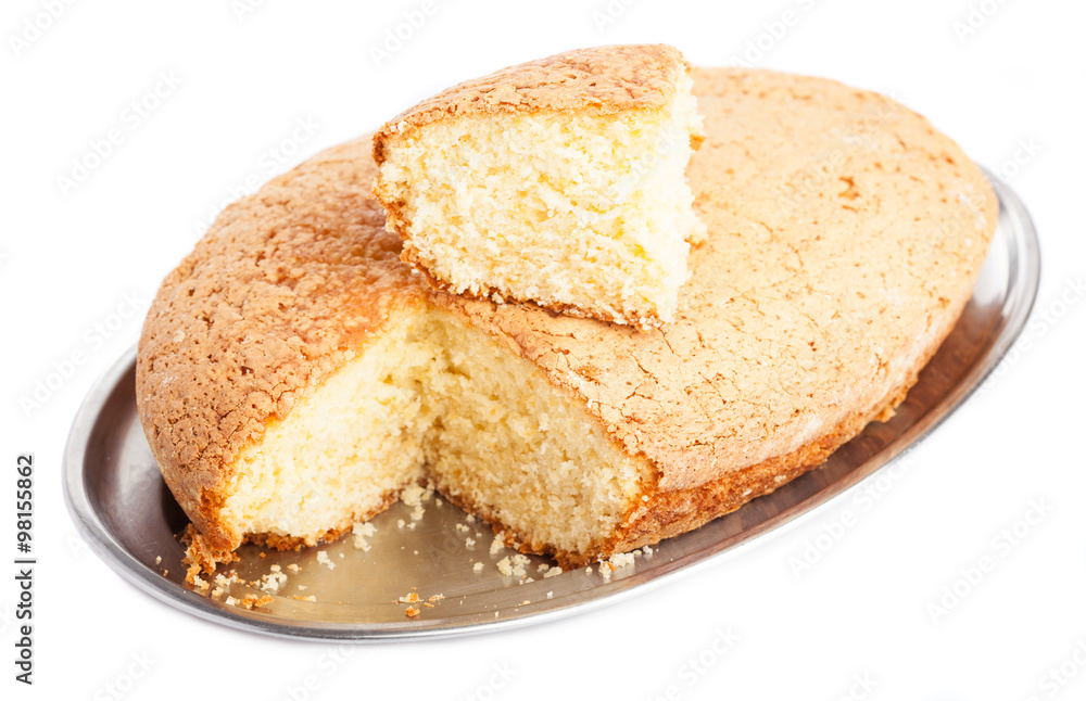 one piece of sponge cake isolated on a white background
