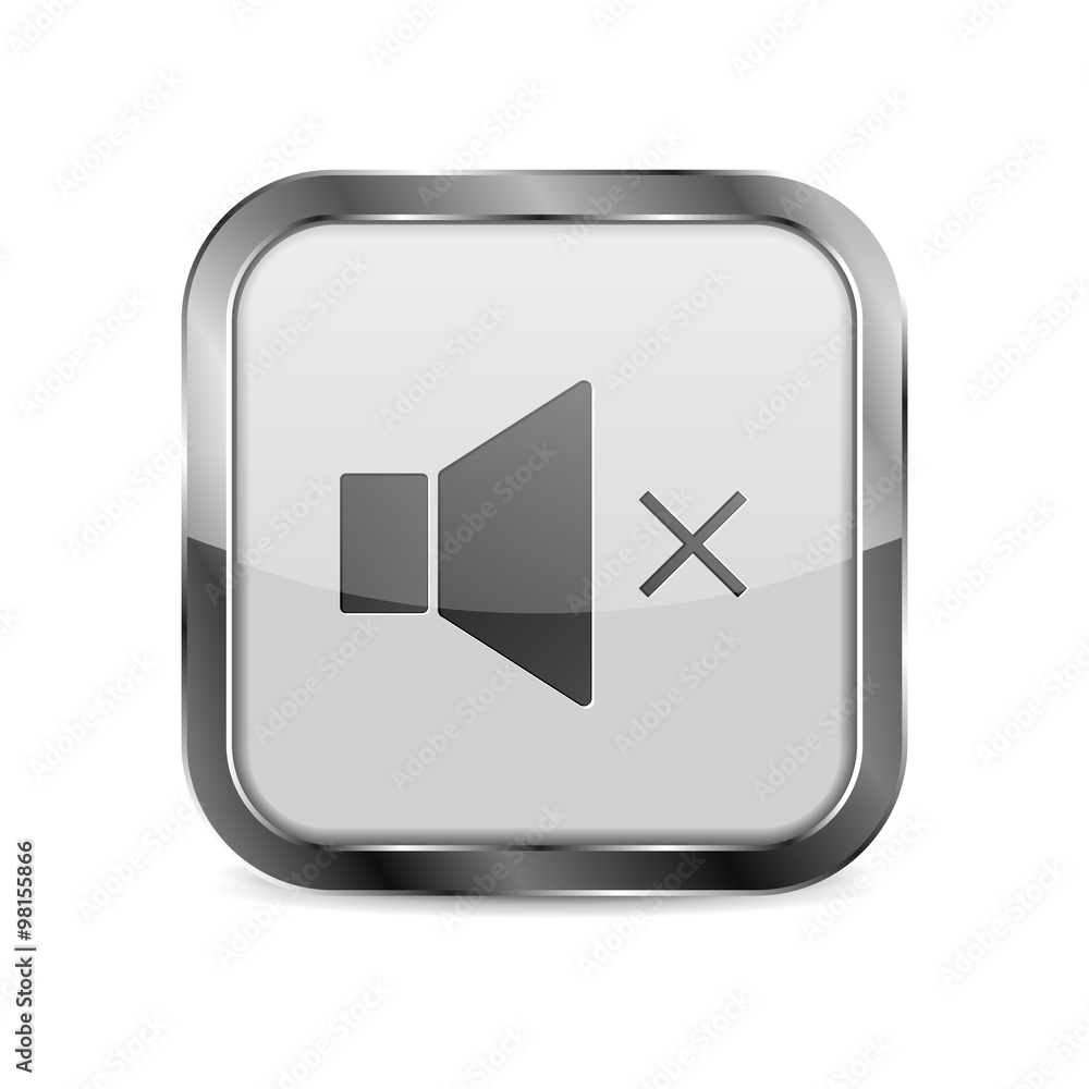 Square Button. Shiny glass button with metal frame. Speaker volume icon. Square Button. Shiny glass button with metal frame. Speaker volume icon.