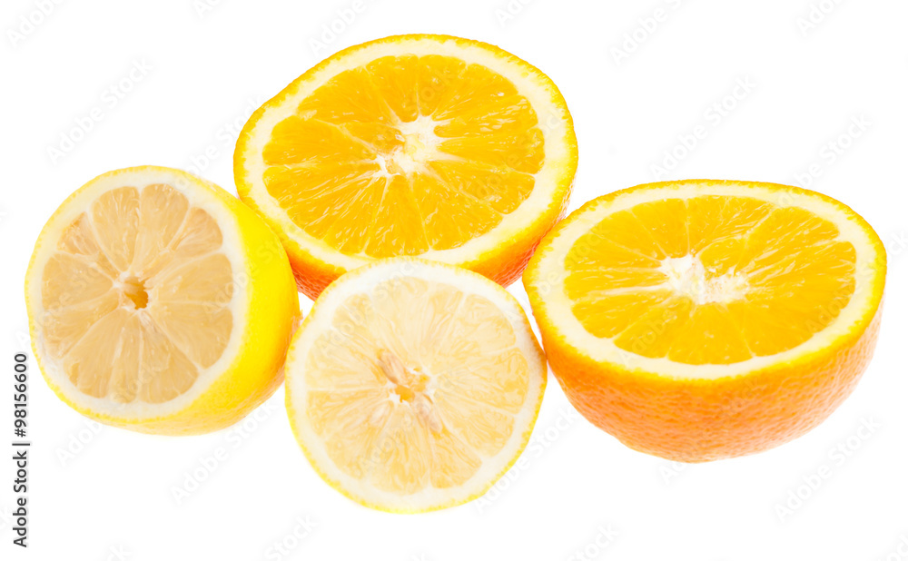 half orange and lemon on a white background half orange and lemon on a white background