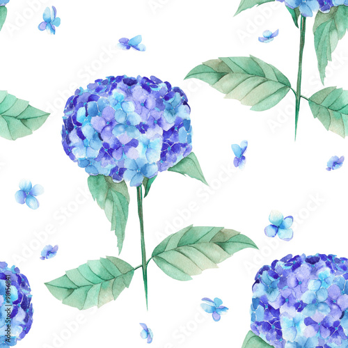 A seamless pattern of the beautiful watercolor blue Hydrangea flowers, painted on a white background