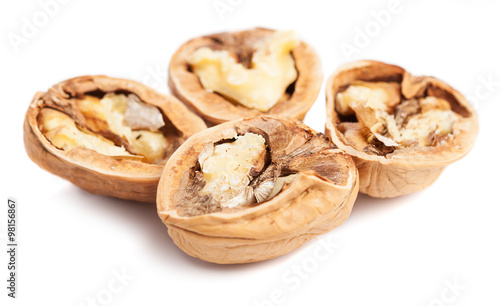 some walnuts opened on a white background